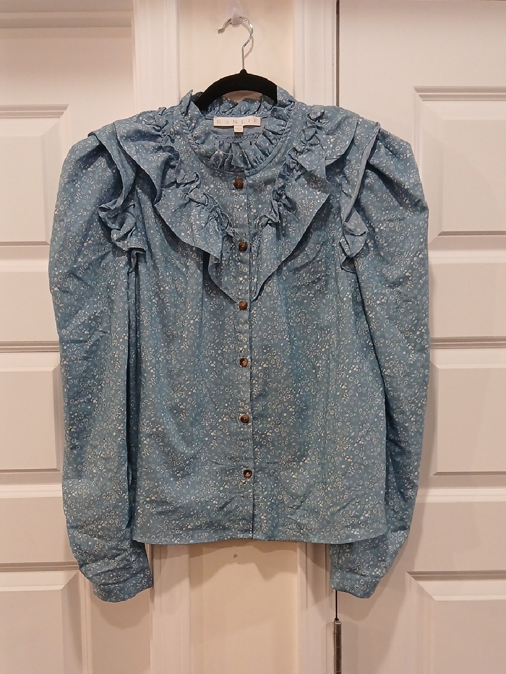 Karlie Floral Chambray Blue Ruffle Long Sleeve Button Up Blouse Size Large
